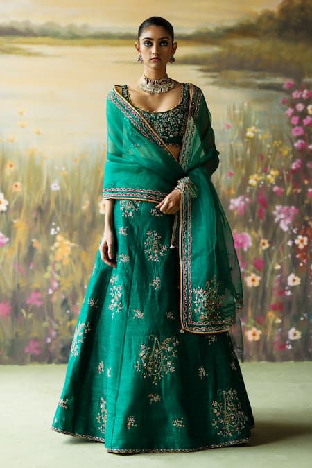 Shikha Mehta_Green , , Pearls, Nazma Floral Paisley Lehenga Set _Online_at_Aza_Fashions