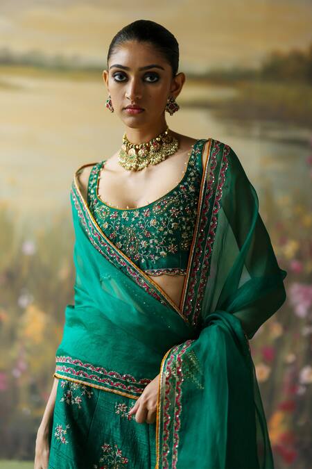 Buy_Shikha Mehta_Green , , Pearls, Nazma Floral Paisley Lehenga Set _Online_at_Aza_Fashions