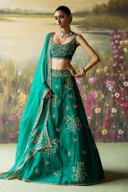 Shop_Shikha Mehta_Green , , Pearls, Nazma Floral Paisley Lehenga Set _Online_at_Aza_Fashions