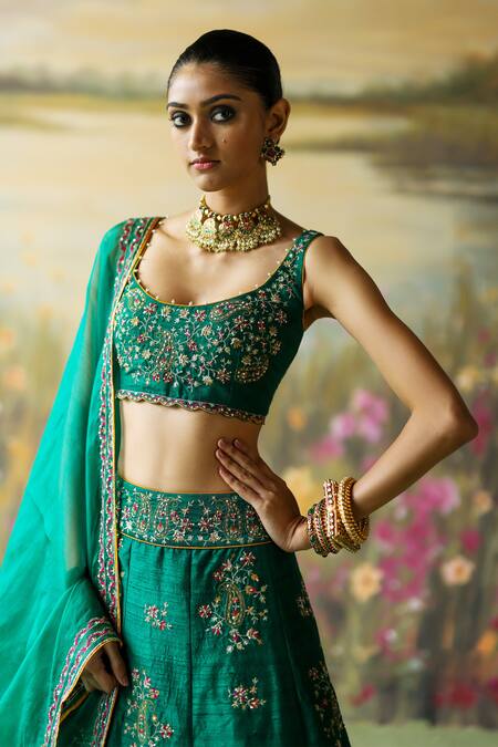 Shikha Mehta_Green , , Pearls, Nazma Floral Paisley Lehenga Set _at_Aza_Fashions