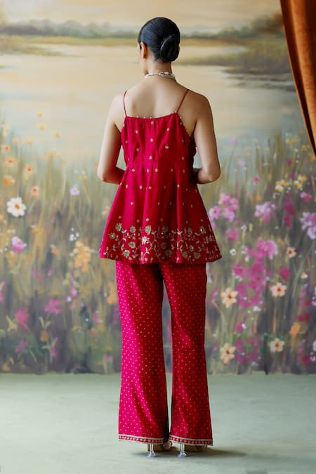 Shop_Shikha Mehta_Red Silk, Chanderi Nia Embroidered Strappy Peplum Kurta And Flared Pant Set _at_Aza_Fashions