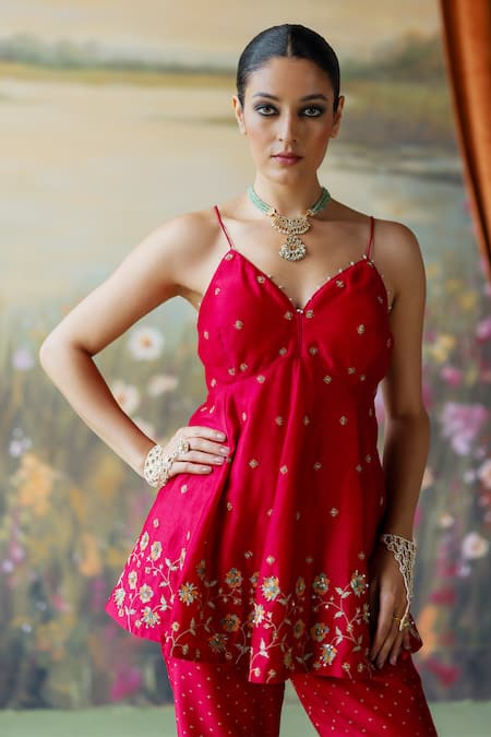 Shikha Mehta_Red Silk, Chanderi Nia Embroidered Strappy Peplum Kurta And Flared Pant Set _Online_at_Aza_Fashions