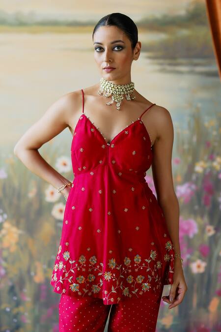 Buy_Shikha Mehta_Red Silk, Chanderi Nia Embroidered Strappy Peplum Kurta And Flared Pant Set _Online_at_Aza_Fashions
