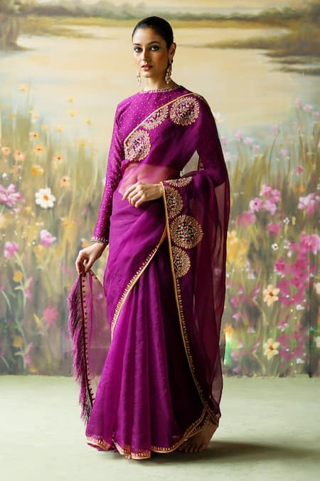 Shikha Mehta Purple Saree Silk Organza Embroidered Thread Round Nilaya Mandala With Blouse 