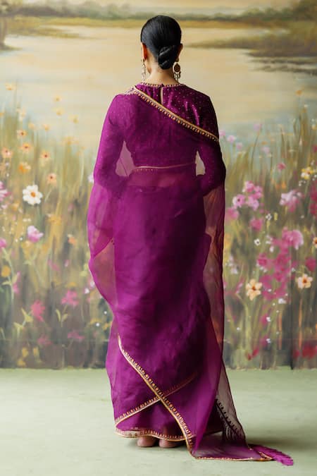 Shop_Shikha Mehta_Purple Silk Organza, Silk, Chanderi Nilaya Mandala Embroidered Saree With Blouse _at_Aza_Fashions