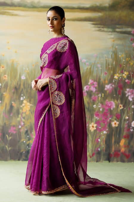 Shikha Mehta_Purple Silk Organza, Silk, Chanderi Nilaya Mandala Embroidered Saree With Blouse _Online_at_Aza_Fashions