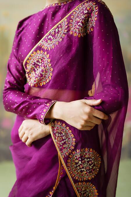 Buy_Shikha Mehta_Purple Silk Organza, Silk, Chanderi Nilaya Mandala Embroidered Saree With Blouse _Online_at_Aza_Fashions