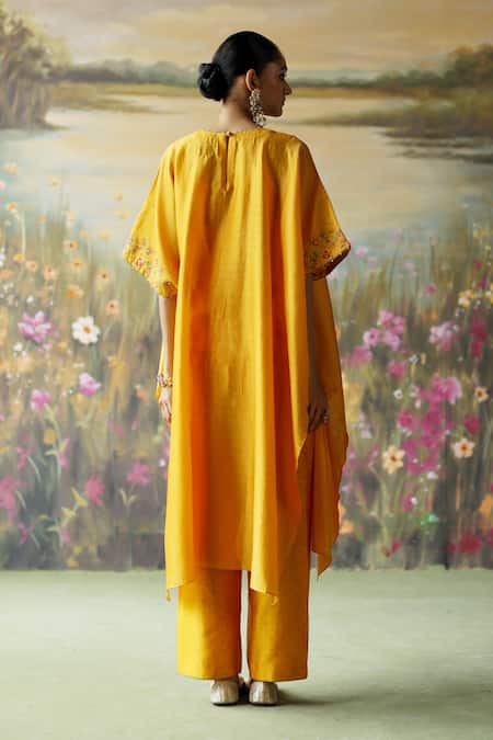Shop Shikha Mehta Yellow Silk, Cotton, Chanderi Pearls, Ruth Floral Vine Kaftan And Pant Set at Aza Fashions Shop_Shikha Mehta_Yellow Silk, Cotton, Chanderi Pearls, Ruth Floral Vine Kaftan And Pant Set _at_Aza_Fashions