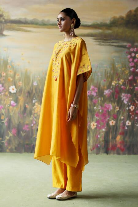 Shikha Mehta Yellow Silk, Cotton, Chanderi Pearls, Ruth Floral Vine Kaftan And Pant Set Online at Aza Fashions Shikha Mehta_Yellow Silk, Cotton, Chanderi Pearls, Ruth Floral Vine Kaftan And Pant Set _Online_at_Aza_Fashions