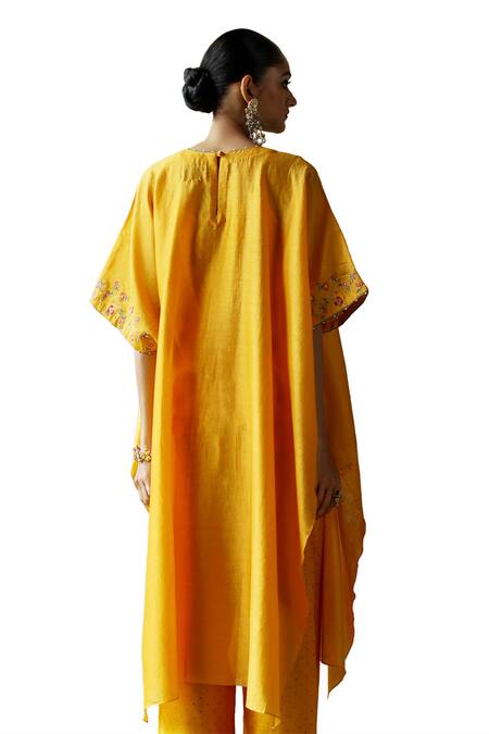 Buy Shikha Mehta Yellow Silk, Cotton, Chanderi Pearls, Ruth Floral Vine Kaftan And Pant Set Online at Aza Fashions Buy_Shikha Mehta_Yellow Silk, Cotton, Chanderi Pearls, Ruth Floral Vine Kaftan And Pant Set _Online_at_Aza_Fashions
