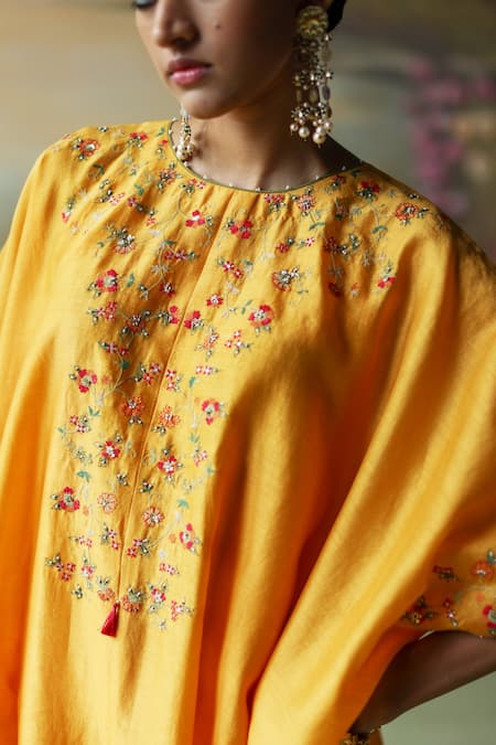 Shop Shikha Mehta Yellow Silk, Cotton, Chanderi Pearls, Ruth Floral Vine Kaftan And Pant Set Online at Aza Fashions Shop_Shikha Mehta_Yellow Silk, Cotton, Chanderi Pearls, Ruth Floral Vine Kaftan And Pant Set _Online_at_Aza_Fashions