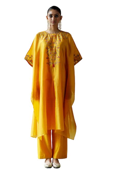 Shop Shikha Mehta Yellow Silk, Cotton, Chanderi Pearls, Ruth Floral Vine Kaftan And Pant Set Shop_Shikha Mehta_Yellow Silk, Cotton, Chanderi Pearls, Ruth Floral Vine Kaftan And Pant Set