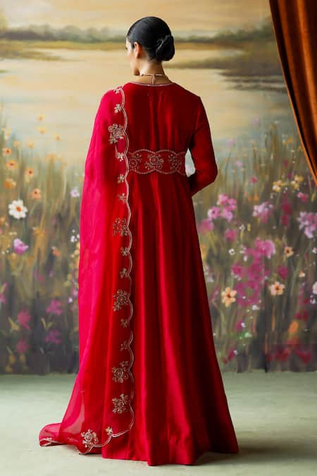 Shop Shikha Mehta Red Silk Organza Sequins, Ryka Sleeve Anarakali And Scalloped Dupatta Set at Aza Fashions Shop_Shikha Mehta_Red Silk Organza Sequins, Ryka Sleeve Anarakali And Scalloped Dupatta Set _at_Aza_Fashions