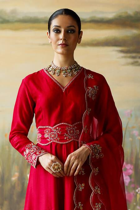 Buy Shikha Mehta Red Silk Organza Sequins, Ryka Sleeve Anarakali And Scalloped Dupatta Set Online at Aza Fashions Buy_Shikha Mehta_Red Silk Organza Sequins, Ryka Sleeve Anarakali And Scalloped Dupatta Set _Online_at_Aza_Fashions