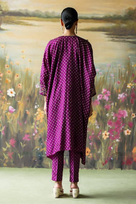 Shop_Shikha Mehta_Purple Silk Lace, Sequins Tisya Embroidered Flower Kaftan And Cigarette Pant Set _at_Aza_Fashions