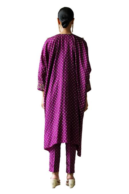 Shikha Mehta_Purple Silk Lace, Sequins Tisya Embroidered Flower Kaftan And Cigarette Pant Set _Online_at_Aza_Fashions