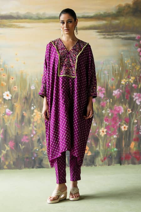 Buy_Shikha Mehta_Purple Silk Lace, Sequins Tisya Embroidered Flower Kaftan And Cigarette Pant Set _Online_at_Aza_Fashions