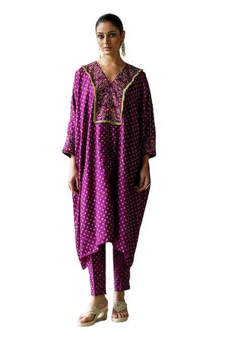 Shop_Shikha Mehta_Purple Silk Lace, Sequins Tisya Embroidered Flower Kaftan And Cigarette Pant Set _Online_at_Aza_Fashions