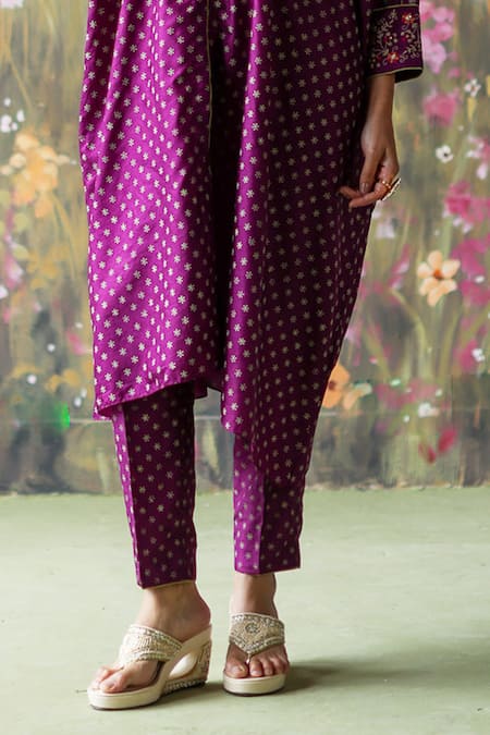 Shikha Mehta_Purple Silk Lace, Sequins Tisya Embroidered Flower Kaftan And Cigarette Pant Set _at_Aza_Fashions