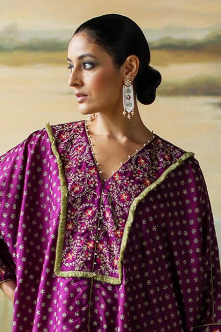 Buy_Shikha Mehta_Purple Silk Lace, Sequins Tisya Embroidered Flower Kaftan And Cigarette Pant Set 