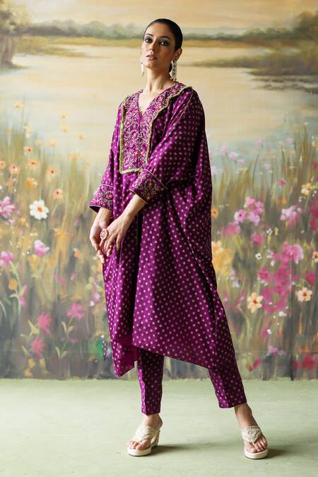 Shop_Shikha Mehta_Purple Silk Lace, Sequins Tisya Embroidered Flower Kaftan And Cigarette Pant Set 