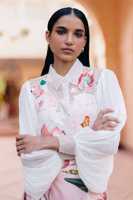 Studio Radical Pleated Shirt & Slit Draped Skirt Set 