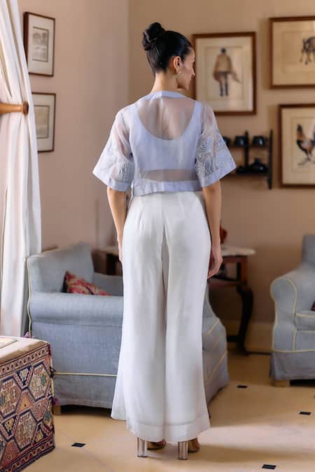 Shop Studio Radical Grey Silk, Organza Applique, Embroidery Round Neck, Lotus Jacket Pant Set at Aza Fashions Shop_Studio Radical_Grey Silk, Organza Applique, Embroidery Round Neck, Lotus Jacket Pant Set_at_Aza_Fashions