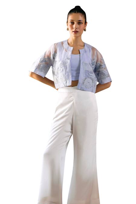 Shop Studio Radical Grey Silk, Organza Applique, Embroidery Round Neck, Lotus Jacket Pant Set Online at Aza Fashions Shop_Studio Radical_Grey Silk, Organza Applique, Embroidery Round Neck, Lotus Jacket Pant Set_Online_at_Aza_Fashions
