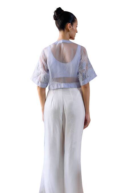 Studio Radical Grey Silk, Organza Applique, Embroidery Round Neck, Lotus Jacket Pant Set at Aza Fashions Studio Radical_Grey Silk, Organza Applique, Embroidery Round Neck, Lotus Jacket Pant Set_at_Aza_Fashions