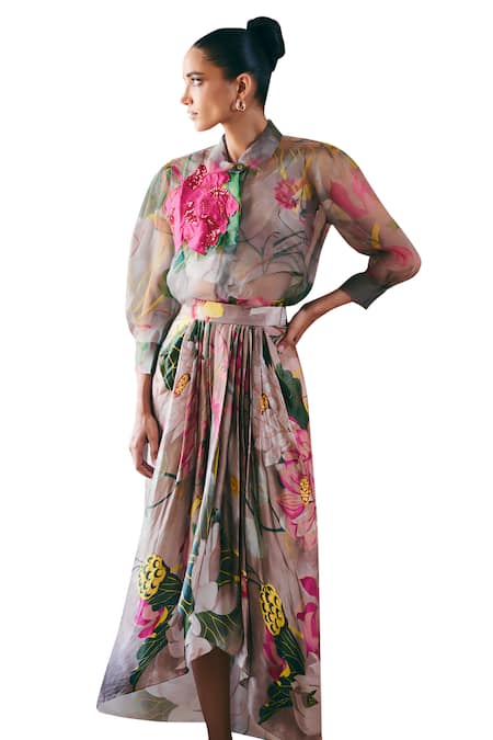 Studio Radical_Grey Organza, Silk Satin Applique, Sequins Shawl Floral Print Shirt And Skirt Set _Online_at_Aza_Fashions