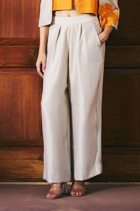 Studio Radical_Grey Silk Sequins, Applique Open , Square Floral Jacket Pant Set _Online_at_Aza_Fashions