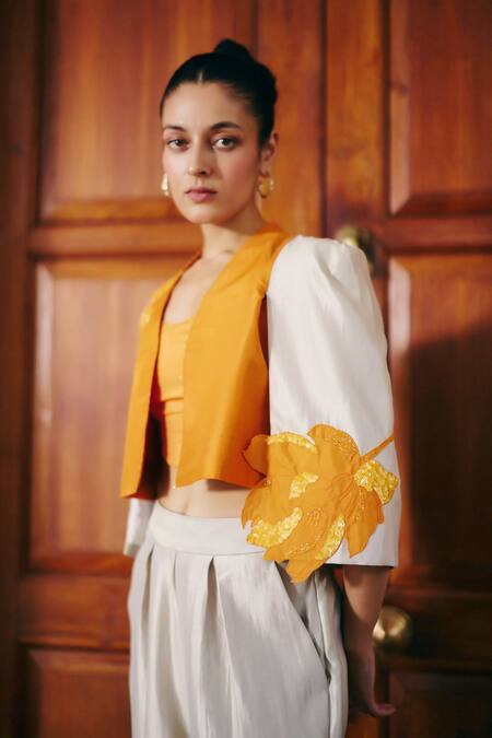 Buy_Studio Radical_Grey Silk Sequins, Applique Open , Square Floral Jacket Pant Set _Online_at_Aza_Fashions