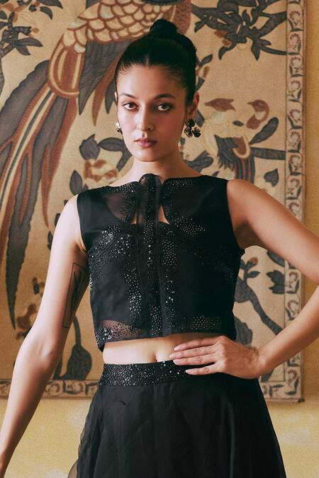 Buy_Studio Radical_Black Organza, Cotton Sequins, Beads Asymmetric Embellished Blouse Lehenga Set _Online_at_Aza_Fashions