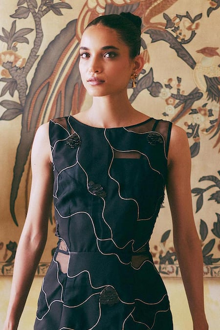 Studio Radical_Black Organza Sequins, Patchwork Round Neck Abstract Dress _Online_at_Aza_Fashions