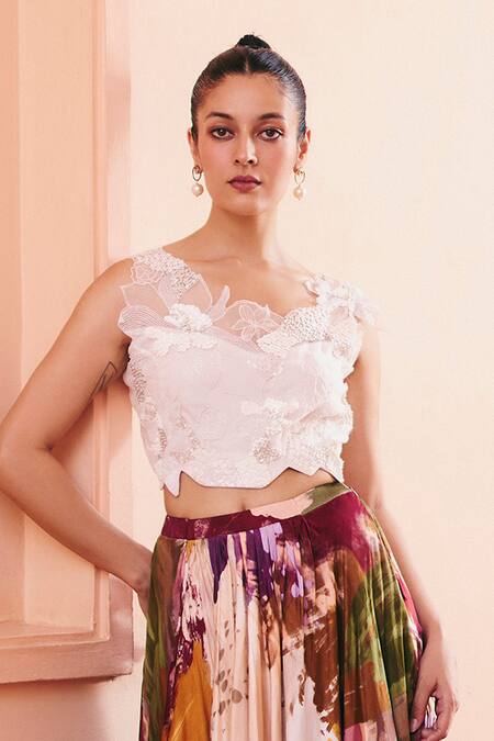 Buy_Studio Radical_Multi Color Organza, Silk Satin Abstract Print Lehenga And Embellished Blouse _Online_at_Aza_Fashions