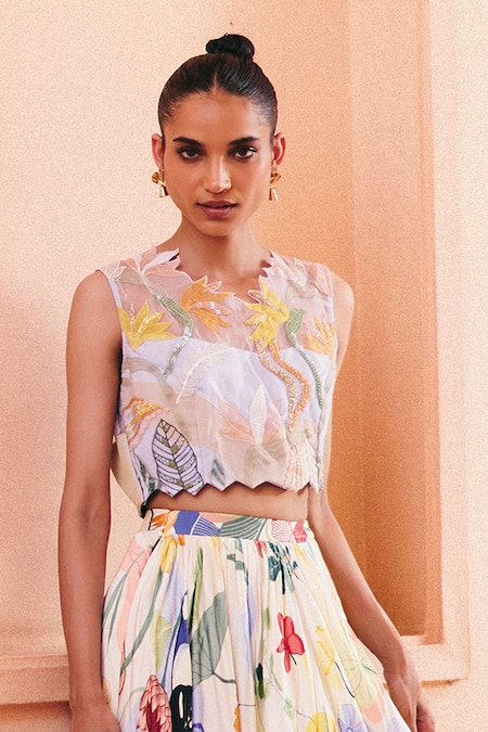 Studio Radical_Off White Organza, Silk Satin, Garden Print Lehenga With Embellished Blouse _Online_at_Aza_Fashions