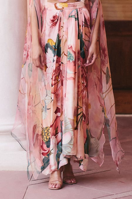Studio Radical_Pink Organza, Silk Satin Sequins Scoop Neck Blossom Print Cape Draped Skirt Set _Online_at_Aza_Fashions