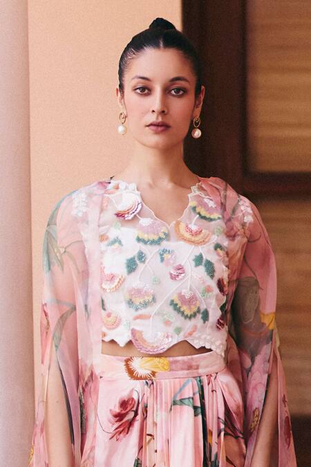 Buy_Studio Radical_Pink Organza, Silk Satin Sequins Scoop Neck Blossom Print Cape Draped Skirt Set _Online_at_Aza_Fashions