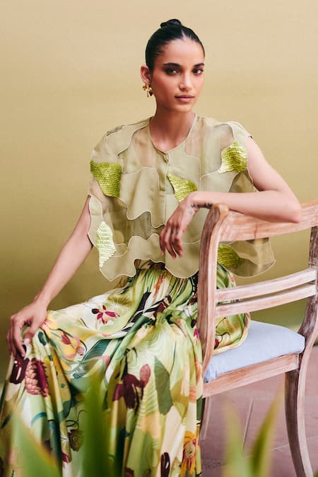 Studio Radical_Green Silk , Organza, Patchwork Pattern Cape Printed Lehenga Set _Online_at_Aza_Fashions