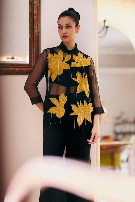 Studio Radical_Black Organza, Cotton, Silk Embroidery, Patchwork Collared, Sheer Shirt Pant Set _Online_at_Aza_Fashions