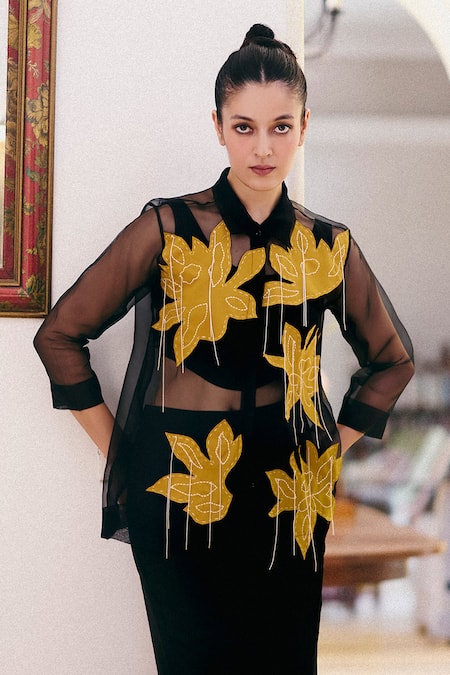 Buy_Studio Radical_Black Organza, Cotton, Silk Embroidery, Patchwork Collared, Sheer Shirt Pant Set _Online_at_Aza_Fashions