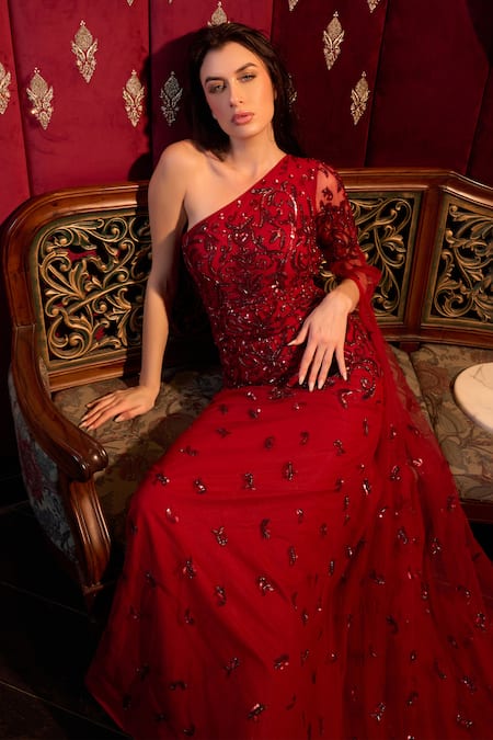 Buy_Vesture_Red Tulle, Crepe Crystals Asymmetric Hand Embroidered Gown _Online_at_Aza_Fashions