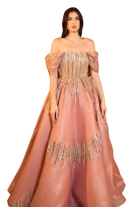 Vesture Rose Gold Organza, Crepe Sequins, Cut Work, Crystals Embroidered Ball Gown Online at Aza Fashions Vesture_Rose Gold Organza, Crepe Sequins, Cut Work, Crystals Embroidered Ball Gown _Online_at_Aza_Fashions