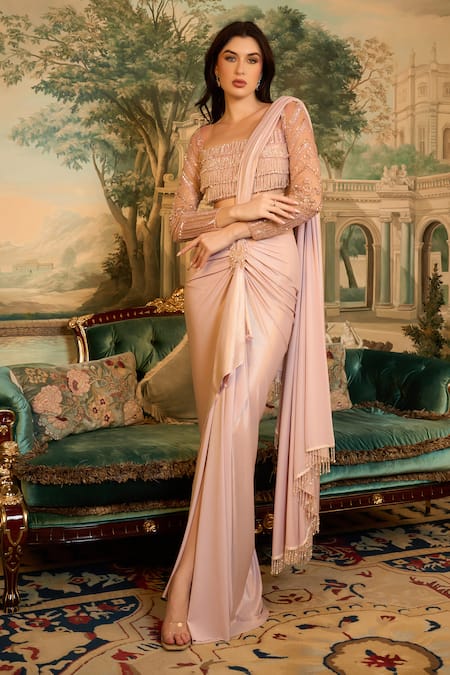 Vesture Pre-Draped Saree With Embroidered Blouse 