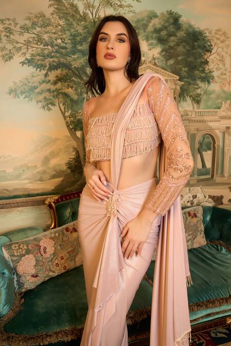 Vesture Rose Gold Tulle, Crepe Crystals, Pre-draped Saree With Embroidered Blouse Online at Aza Fashions Vesture_Rose Gold Tulle, Crepe Crystals, Pre-draped Saree With Embroidered Blouse _Online_at_Aza_Fashions