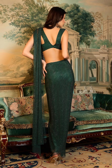 Vesture Crystal Mesh Pre-Stitched Saree With Blouse 