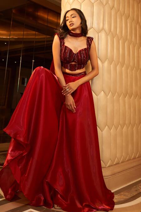 Buy Vesture Red Organza, Crepe Embroidery, Sequins Sweetheart Tonal Blouse And Sharara Set Online at Aza Fashions Buy_Vesture_Red Organza, Crepe Embroidery, Sequins Sweetheart Tonal Blouse And Sharara Set _Online_at_Aza_Fashions