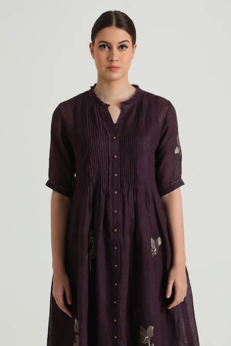 Arcvsh By Pallavi Singh Purple Organza, Silk, Chanderi Embroidery Round Neck Ruffle Detailed Midi Dress Online at Aza Fashions Arcvsh By Pallavi Singh_Purple Organza, Silk, Chanderi Embroidery Round Neck Ruffle Detailed Midi Dress _Online_at_Aza_Fashions