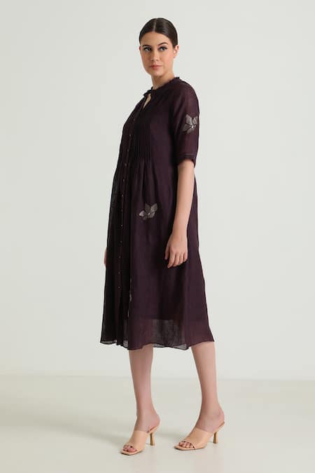 Shop Arcvsh By Pallavi Singh Purple Organza, Silk, Chanderi Embroidery Round Neck Ruffle Detailed Midi Dress Online at Aza Fashions Shop_Arcvsh By Pallavi Singh_Purple Organza, Silk, Chanderi Embroidery Round Neck Ruffle Detailed Midi Dress _Online_at_Aza_Fashions
