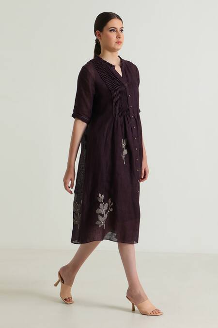 Arcvsh By Pallavi Singh Purple Organza, Silk, Chanderi Embroidery Round Neck Ruffle Detailed Midi Dress at Aza Fashions Arcvsh By Pallavi Singh_Purple Organza, Silk, Chanderi Embroidery Round Neck Ruffle Detailed Midi Dress _at_Aza_Fashions